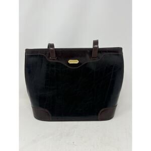 Vtg Brahmin‎ Handbag Black & Brown Smooth Leather W/ Top Double Handles & Zipper